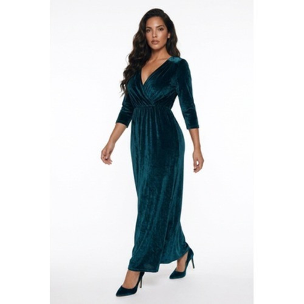 Baltic Born Dress Womens S Green Velvet V-Neck Maxi 3/4 Sleeve Formal Wedding
